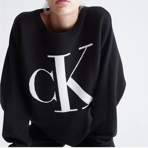 Calvin Klein CK Monogram Logo Dolman Sleeve Cropped Sweater Cotton Black/White - Picture 2 of 12